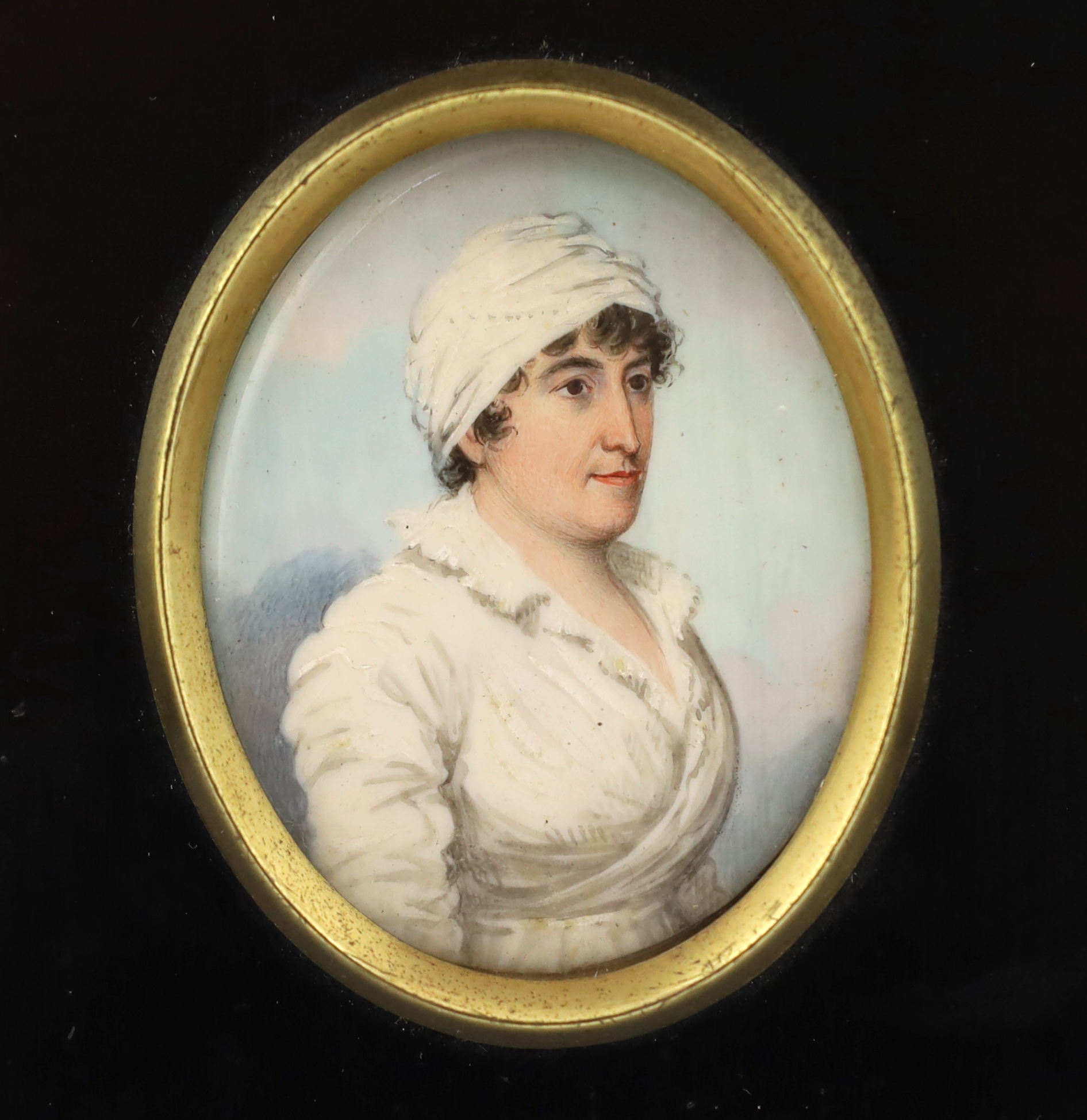 Frederick Buck (Irish, 1771-1840), Portrait miniature of a lady, watercolour on ivory, 6 x 4.6cm. CITES Submission reference 7Z7M9H2P